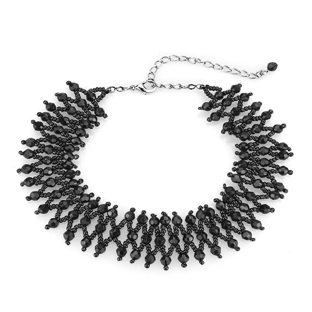 LO4715 - Rhodium Brass Necklace with Synthetic Synthetic Glass in Jet - Alamode - Flyclothing LLC