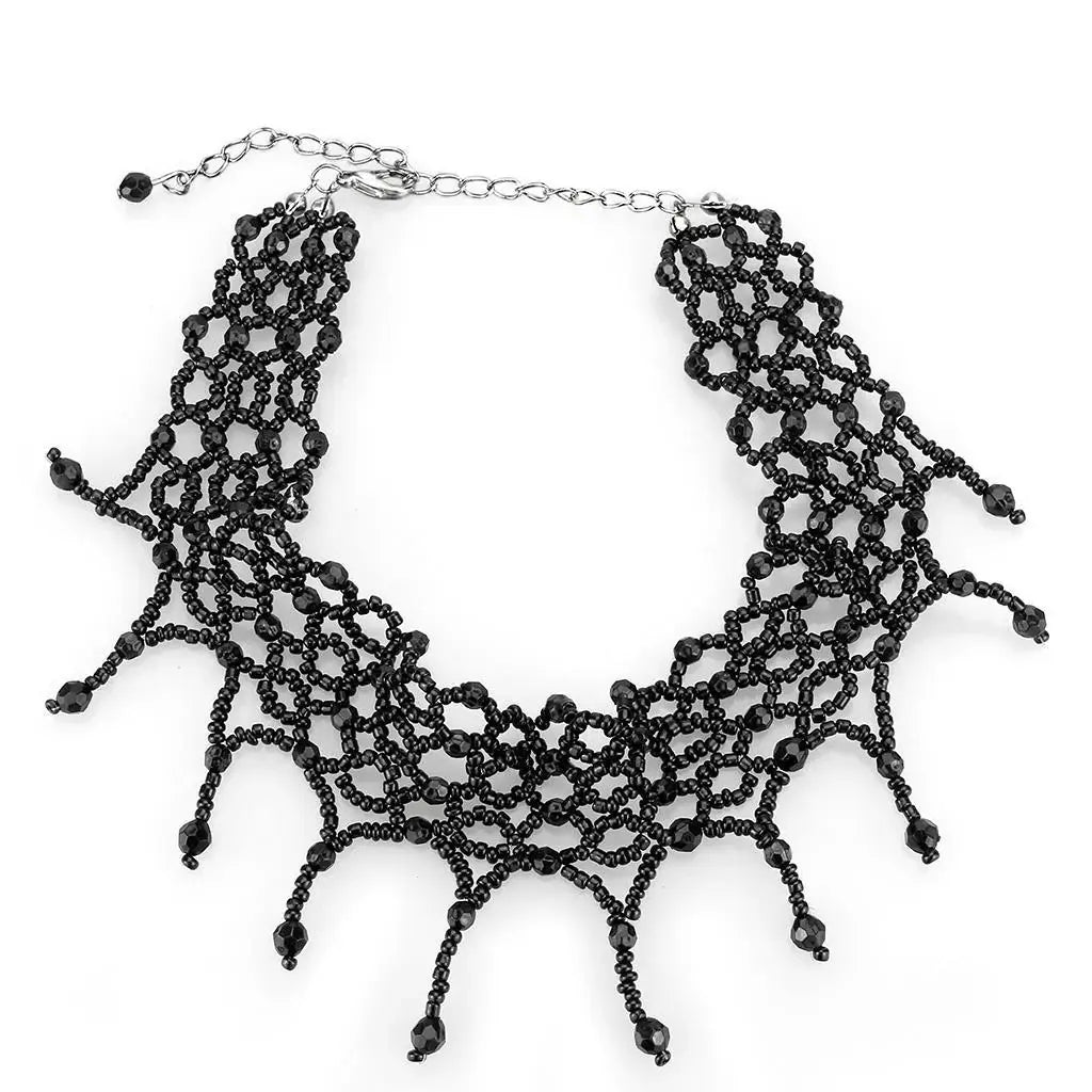 LO4717 - Rhodium Brass Necklace with Synthetic Synthetic Glass in Jet - Alamode - Flyclothing LLC