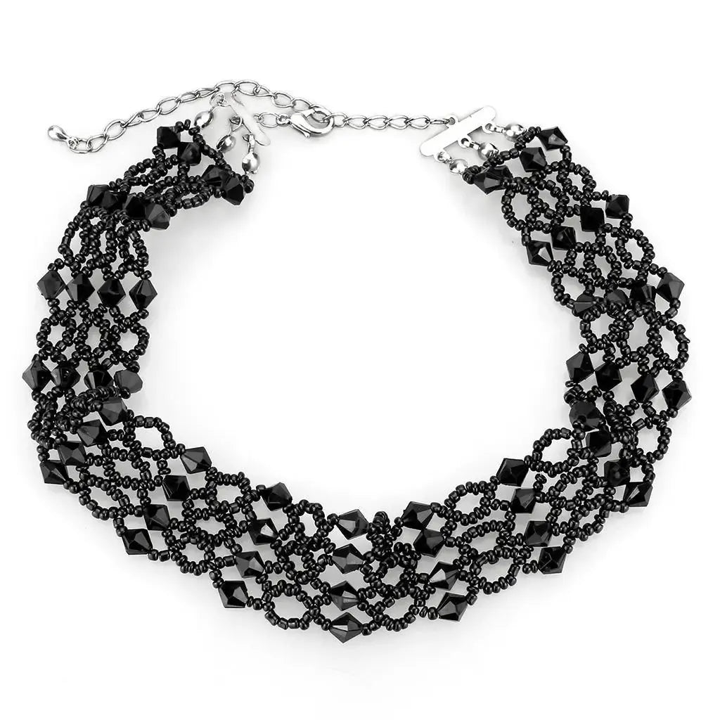 LO4718 - Rhodium Brass Necklace with Synthetic Synthetic Glass in Jet - Alamode - Flyclothing LLC