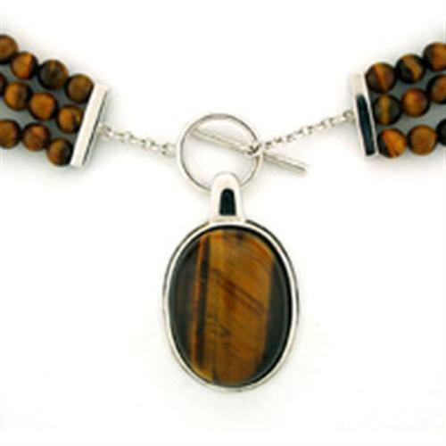 LOA278 - Rhodium 925 Sterling Silver Necklace with Semi-Precious Tiger Eye in Smoked Quartz - Alamode