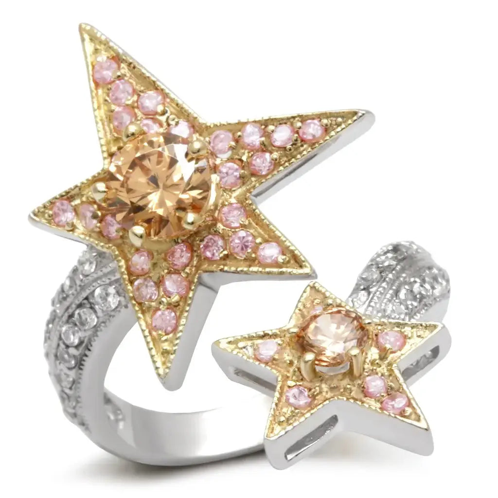 LOA501 - Reverse Two-Tone Brass Ring with AAA Grade CZ in Champagne - Alamode - Flyclothing LLC