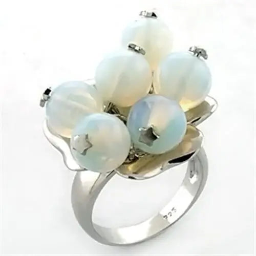 LOA645 - Rhodium 925 Sterling Silver Ring with Synthetic Glass Bead in White - Alamode - Flyclothing LLC