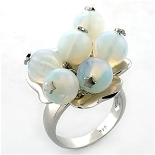 LOA645 - Rhodium 925 Sterling Silver Ring with Synthetic Glass Bead in White - Alamode
