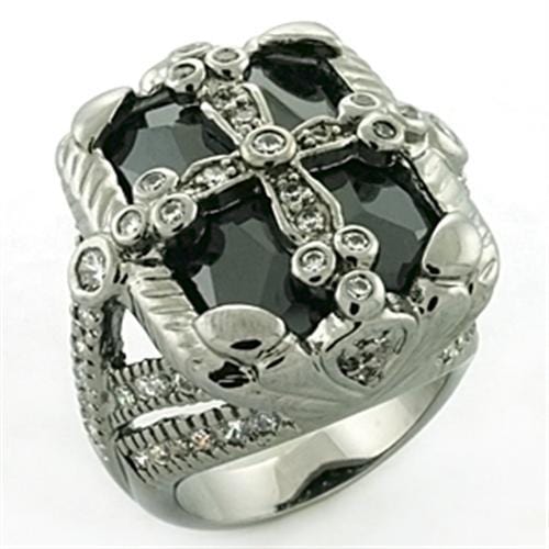 LOA708 - Rhodium + Ruthenium Brass Ring with AAA Grade CZ  in Jet - Alamode