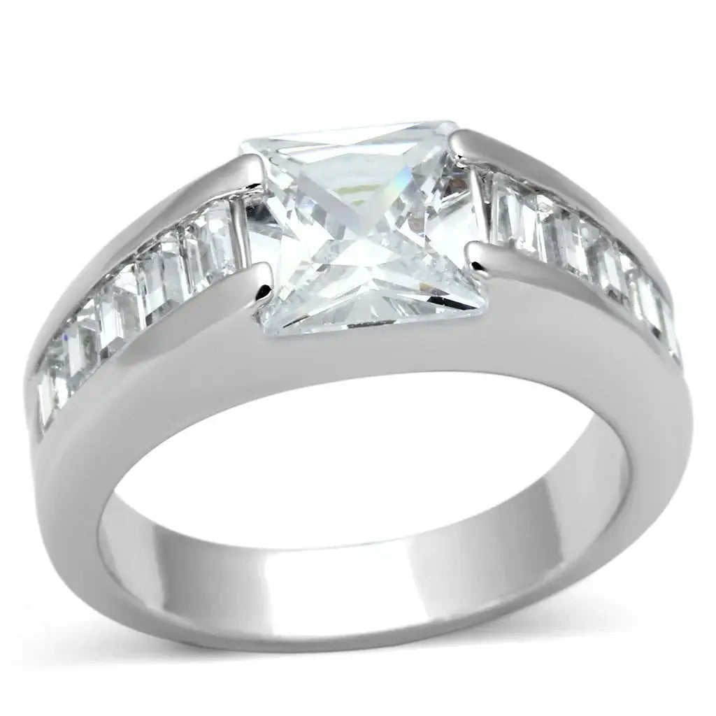 LOA843 - Rhodium Brass Ring with AAA Grade CZ in Clear - Alamode - Flyclothing LLC