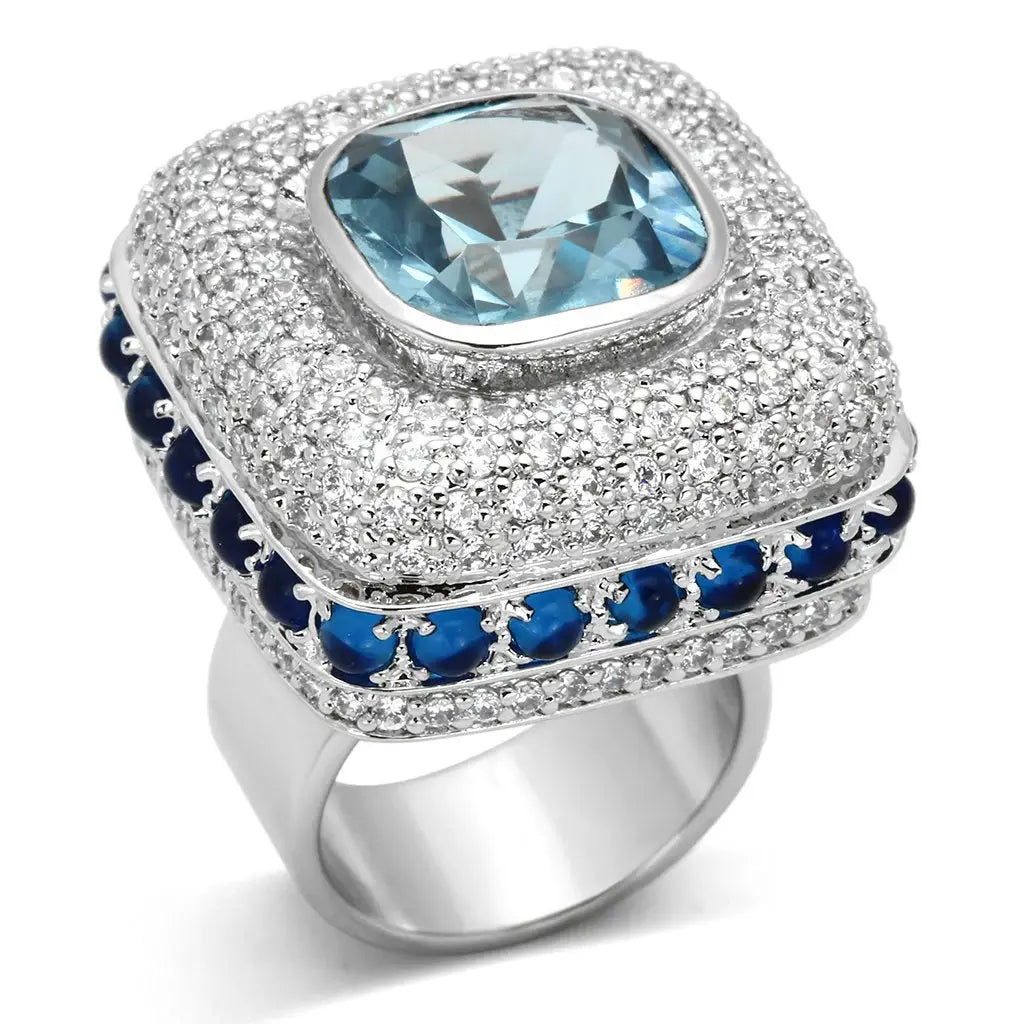 LOA861 - Rhodium Brass Ring with Synthetic Spinel in London Blue - Alamode - Flyclothing LLC