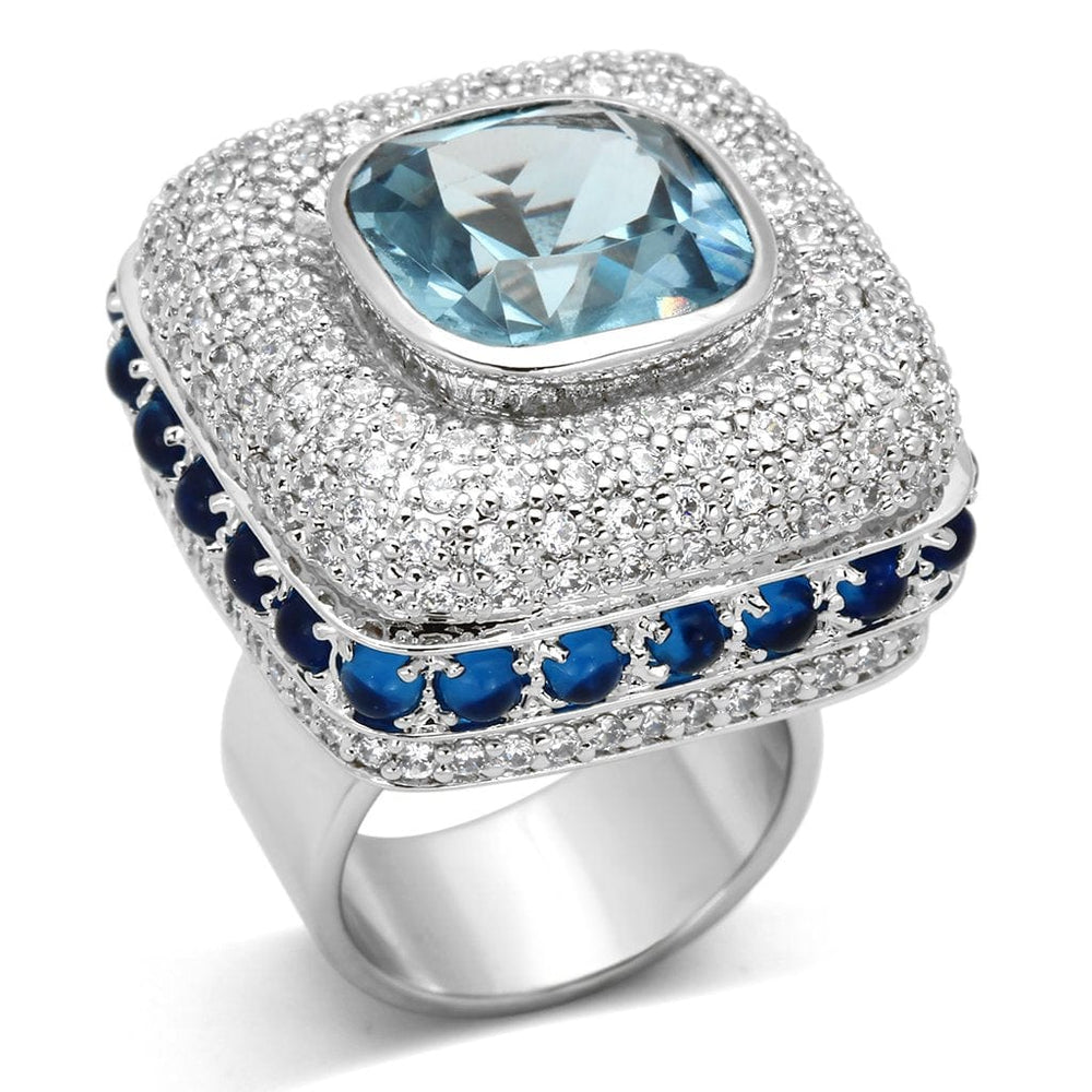LOA861 - Rhodium Brass Ring with Synthetic Spinel in London Blue - Alamode