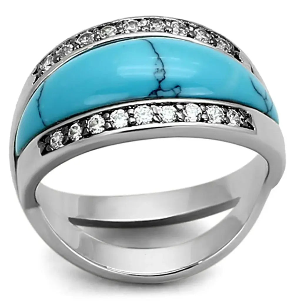 LOA882 - Rhodium Brass Ring with Synthetic Turquoise in Sea Blue - Alamode - Flyclothing LLC