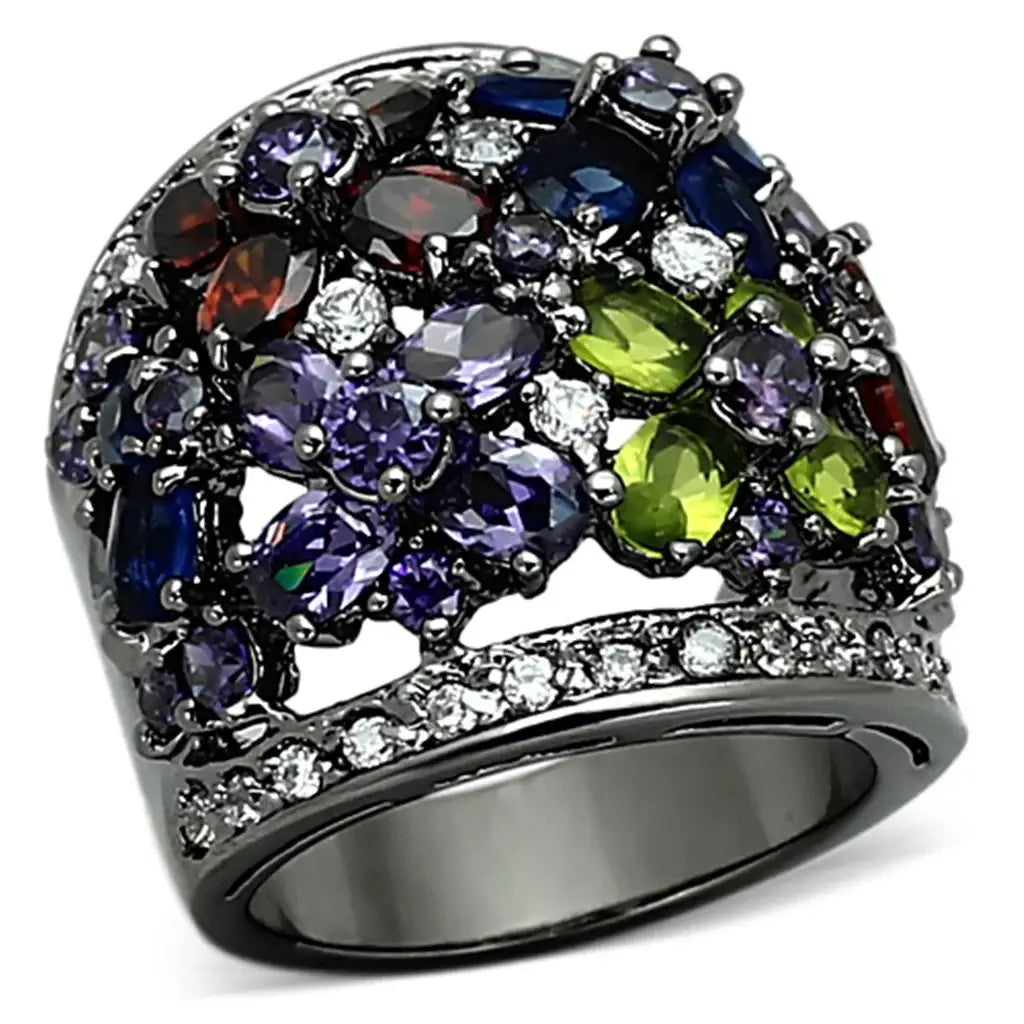 LOA884 - Ruthenium Brass Ring with AAA Grade CZ in Multi Color - Alamode - Flyclothing LLC