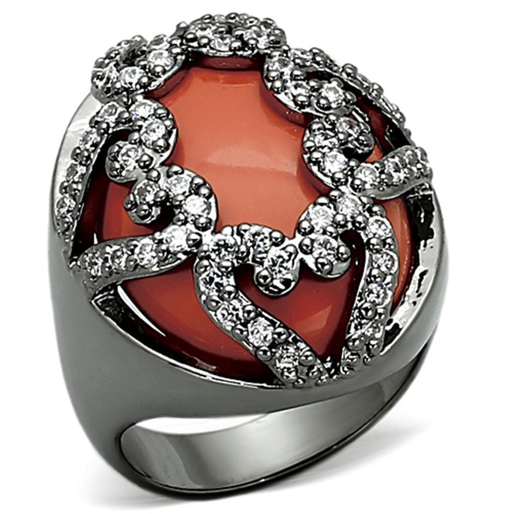 LOA886 - Ruthenium Brass Ring with Synthetic Cat Eye in Orange - Alamode
