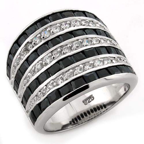LOAS1089 - Rhodium 925 Sterling Silver Ring with AAA Grade CZ in Jet - Alamode - Flyclothing LLC