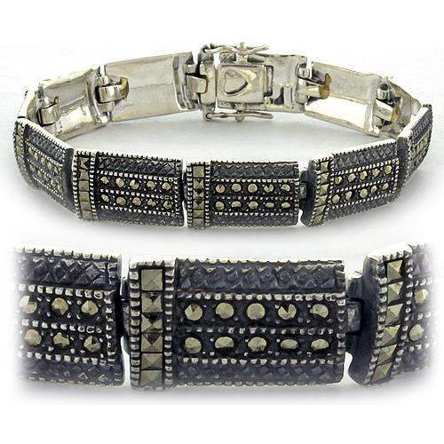 LOAS965 - Antique Tone 925 Sterling Silver Bracelet with Semi-Precious Marcasite in Jet - Alamode - Flyclothing LLC