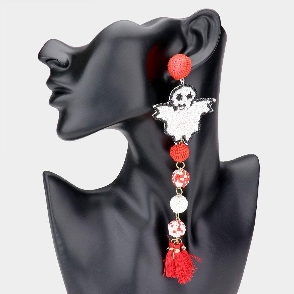 Long Dropped Ghost Seed Beaded Ball Tassel Link Dangle Earrings - Madeline Love - Flyclothing LLC