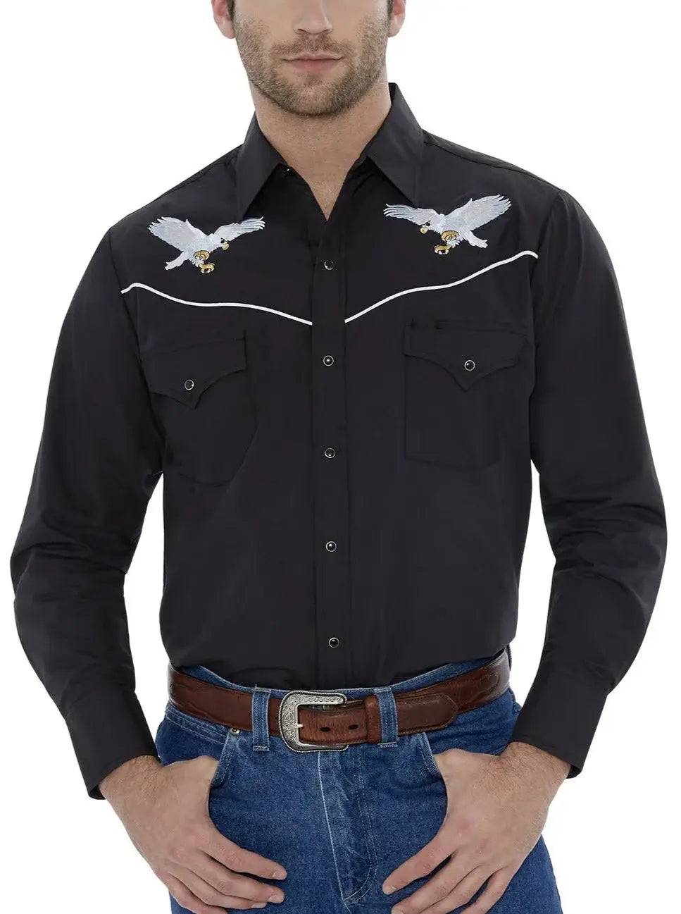 Men's Ely Cattleman Long Sleeve Western Snap Shirt with Eagle Embroidery Black - Ely Cattleman - Flyclothing LLC