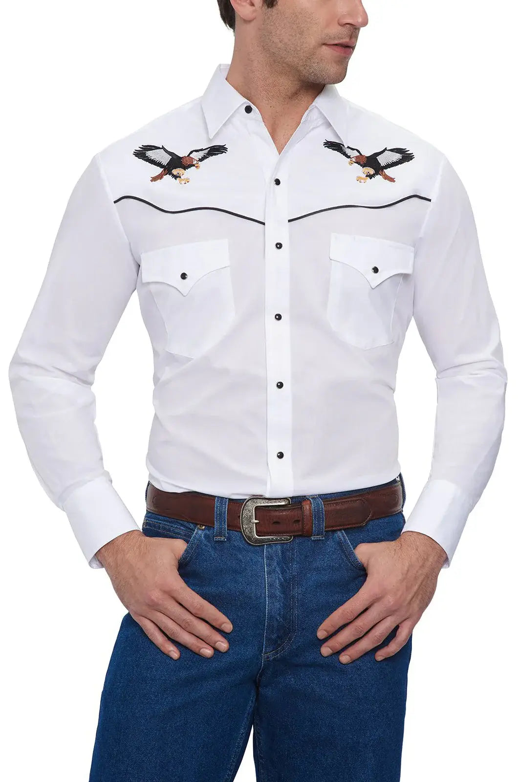 Men's Ely Cattleman Long Sleeve Western Snap Shirt with Eagle Embroidery White - Flyclothing LLC - Flyclothing LLC