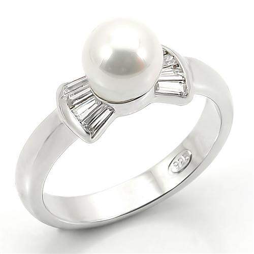 LOS099 - Rhodium 925 Sterling Silver Ring with Synthetic Pearl in White - Alamode - Flyclothing LLC