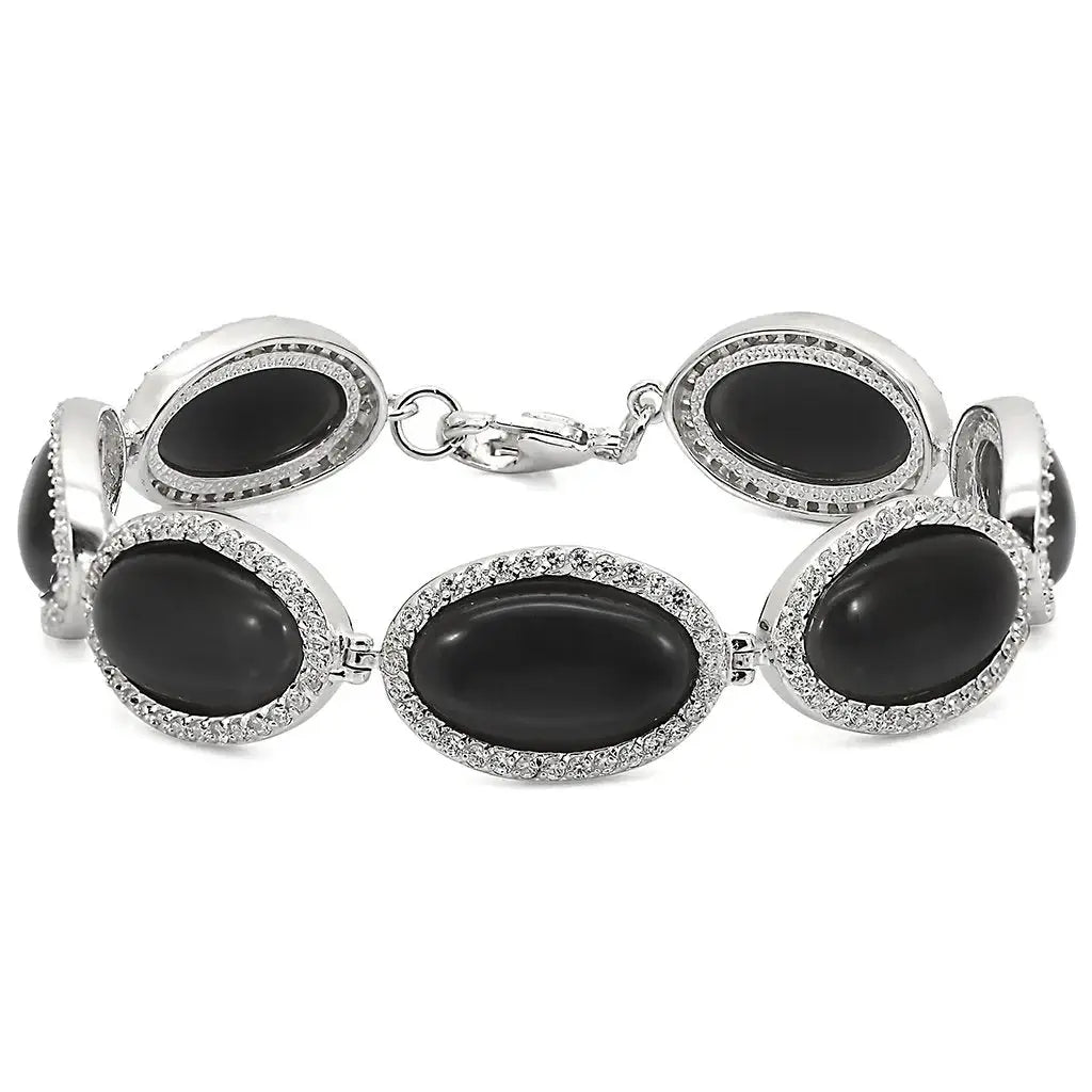 LOS330 - Rhodium 925 Sterling Silver Bracelet with Synthetic Cat Eye in Jet - Alamode - Flyclothing LLC