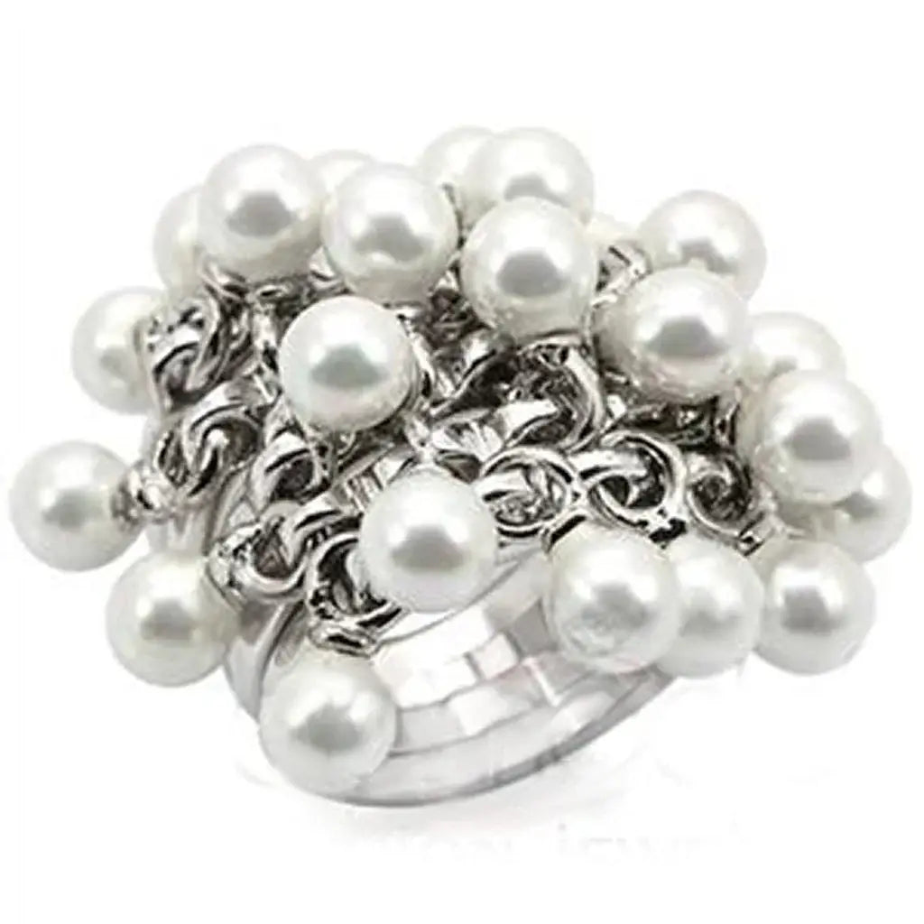 LOS447 - Rhodium 925 Sterling Silver Ring with Synthetic Pearl in White - Alamode - Flyclothing LLC