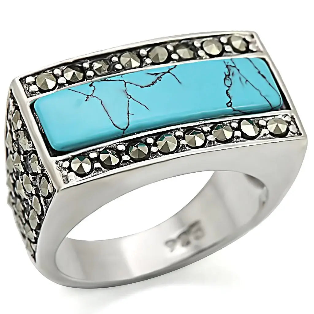 LOS461 - Antique Tone 925 Sterling Silver Ring with Synthetic Turquoise in Sea Blue - Alamode - Flyclothing LLC