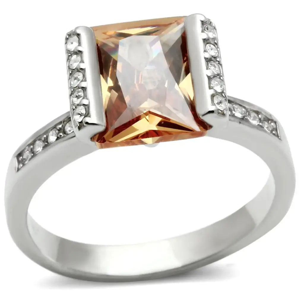 LOS528 - Rhodium 925 Sterling Silver Ring with AAA Grade CZ in Champagne - Alamode - Flyclothing LLC