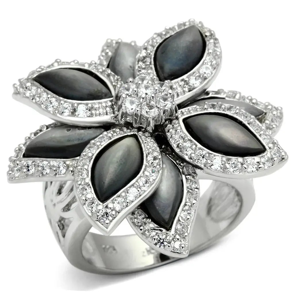 LOS555 - Rhodium 925 Sterling Silver Ring with Precious Stone Conch in Jet - Alamode - Flyclothing LLC