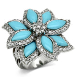 LOS557 - Rhodium 925 Sterling Silver Ring with Synthetic Turquoise in Sea Blue - Alamode