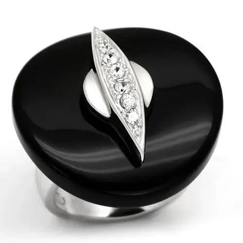 LOS564 - Rhodium 925 Sterling Silver Ring with Semi-Precious Agate in Jet - Alamode - Flyclothing LLC