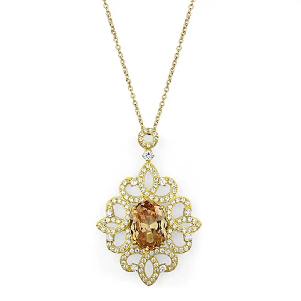 LOS784 - Gold 925 Sterling Silver Chain Pendant with AAA Grade CZ in Champagne - Alamode - Flyclothing LLC
