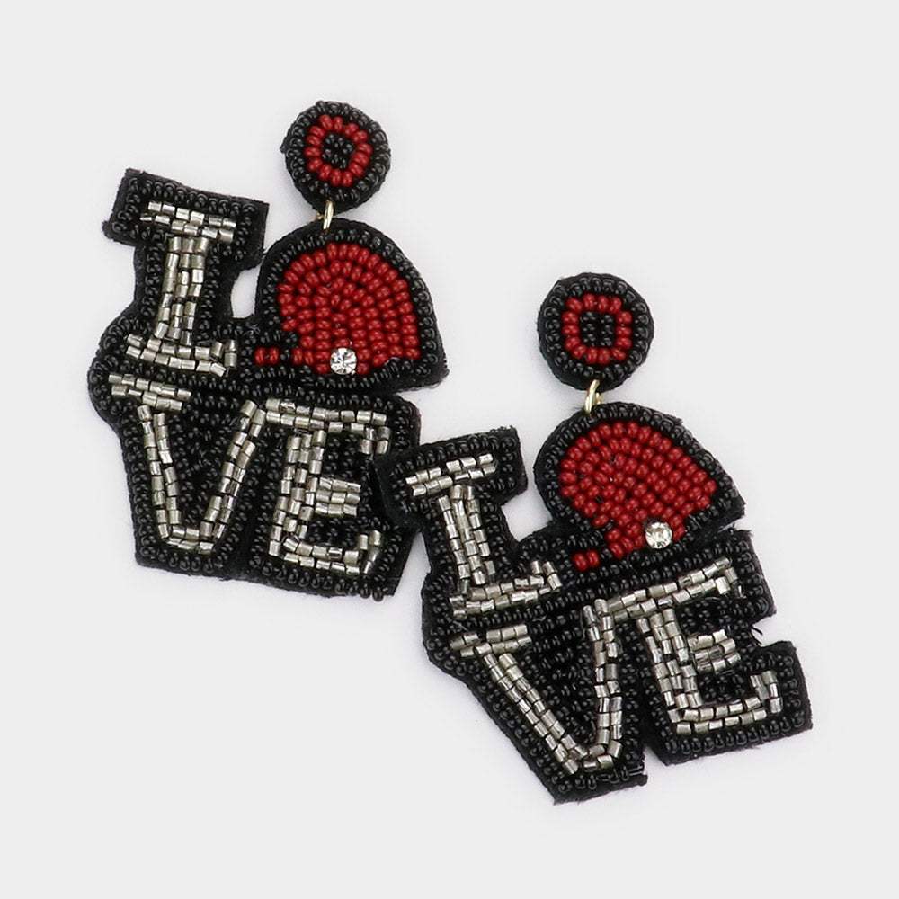 LOVE Felt Back Seed Beaded Football Helmet Pointed Message Dangle Earrings - Madeline Love - Flyclothing LLC