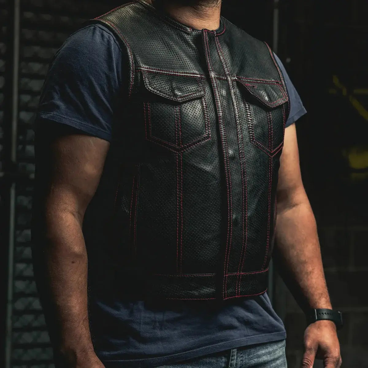 Lowside Men's Perforated Motorcycle Leather Vest - First Manufacturing Company - Flyclothing LLC