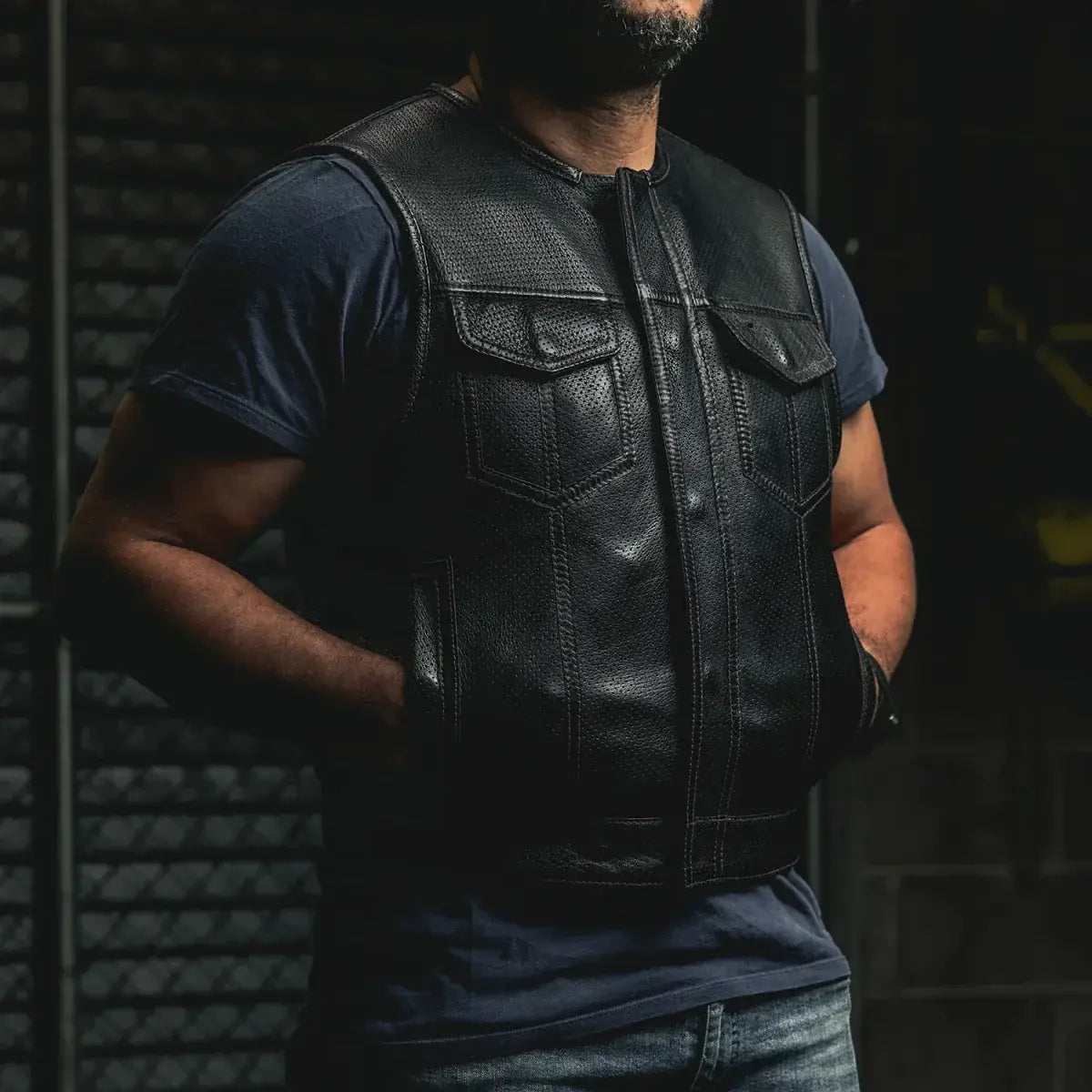 Lowside Men's Perforated Motorcycle Leather Vest - First Manufacturing Company - Flyclothing LLC