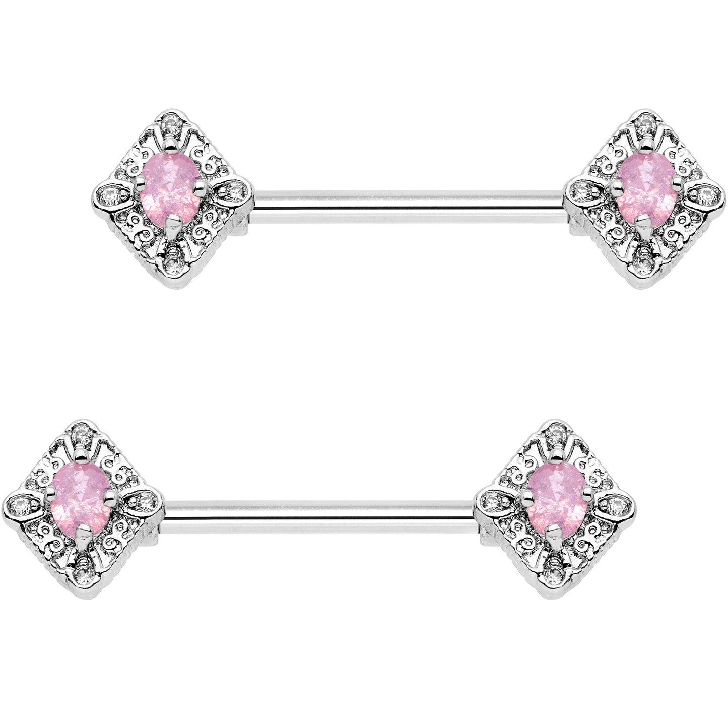 14G 5/8" Clear Pink Gem Rococo Rhombus Barbell Nipple Ring Set - BodyCandy - Flyclothing LLC