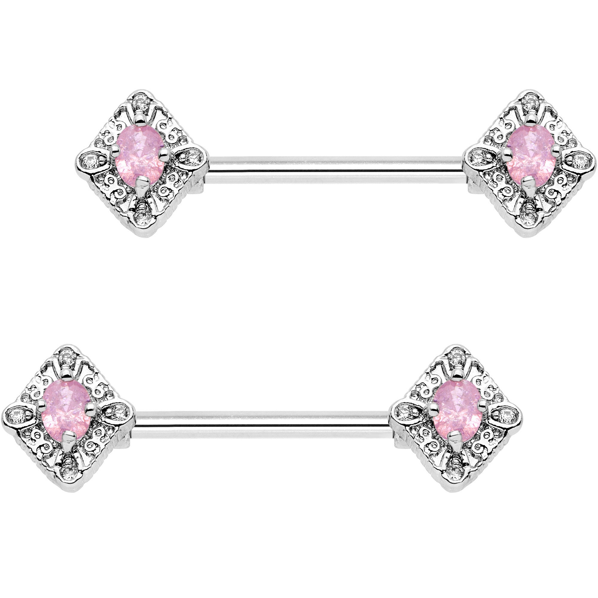 14G 5/8" Clear Pink Gem Rococo Rhombus Barbell Nipple Ring Set - BodyCandy - Flyclothing LLC