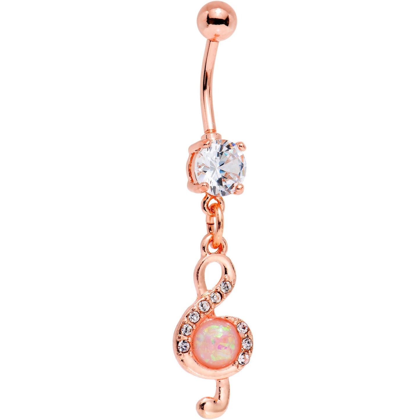 White Faux Opal Rose Gold PVD Treble Clef Dangle Belly Ring - BodyCandy - Flyclothing LLC