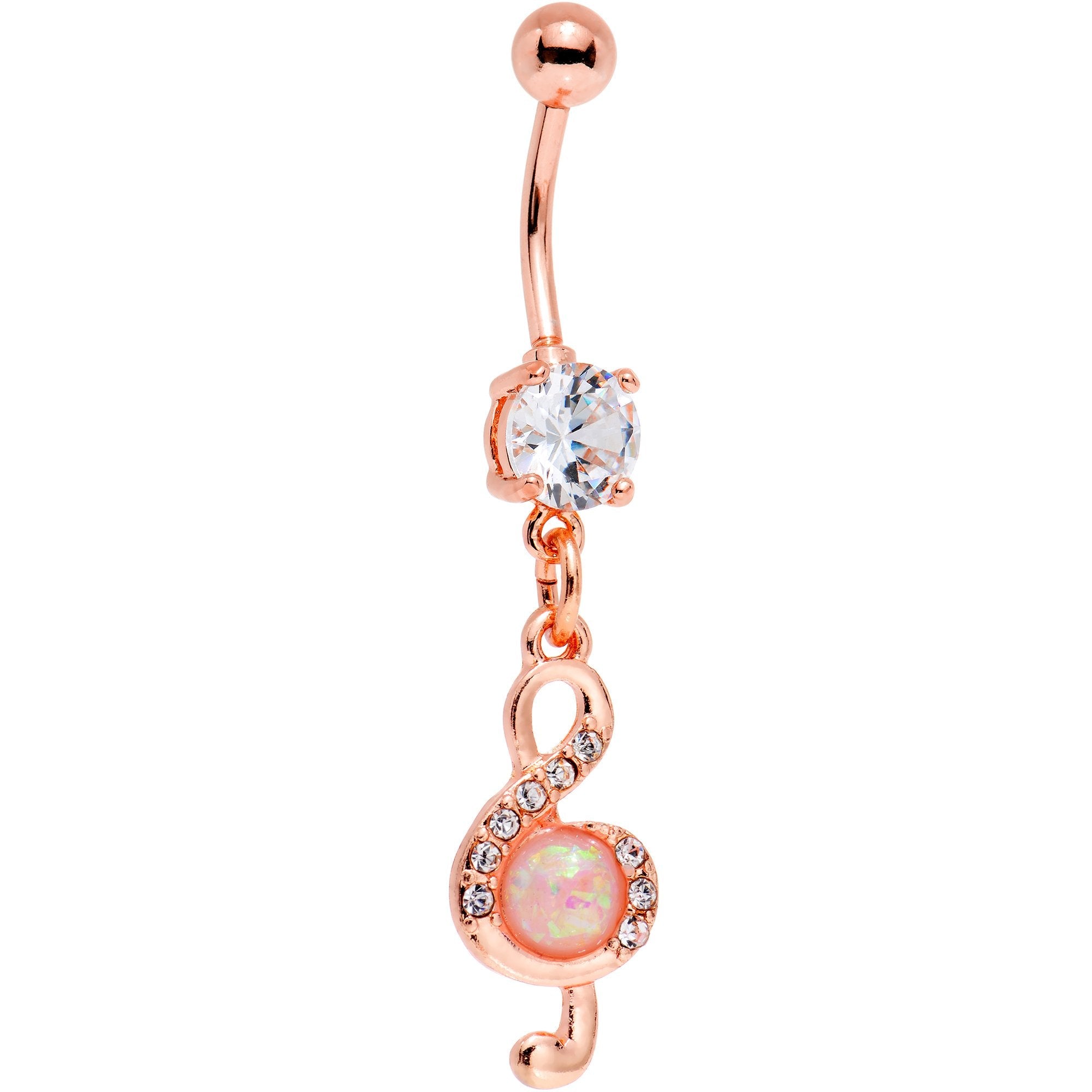 White Faux Opal Rose Gold PVD Treble Clef Dangle Belly Ring - BodyCandy - Flyclothing LLC