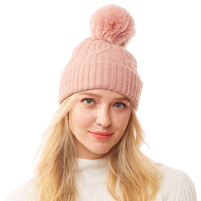 Lurex Accented Solid Cable Knitted Pom Pom Beanie Hat - Madeline Love - Flyclothing LLC