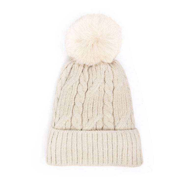 Lurex Accented Solid Cable Knitted Pom Pom Beanie Hat - Madeline Love - Flyclothing LLC