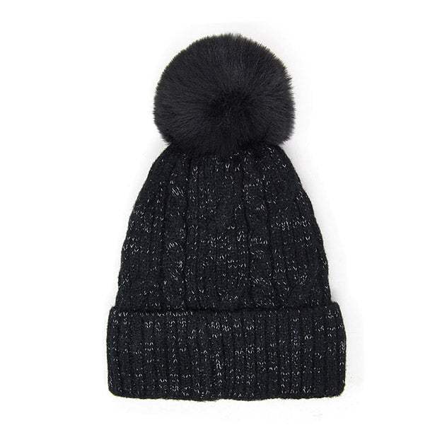 Lurex Accented Solid Cable Knitted Pom Pom Beanie Hat - Madeline Love - Flyclothing LLC