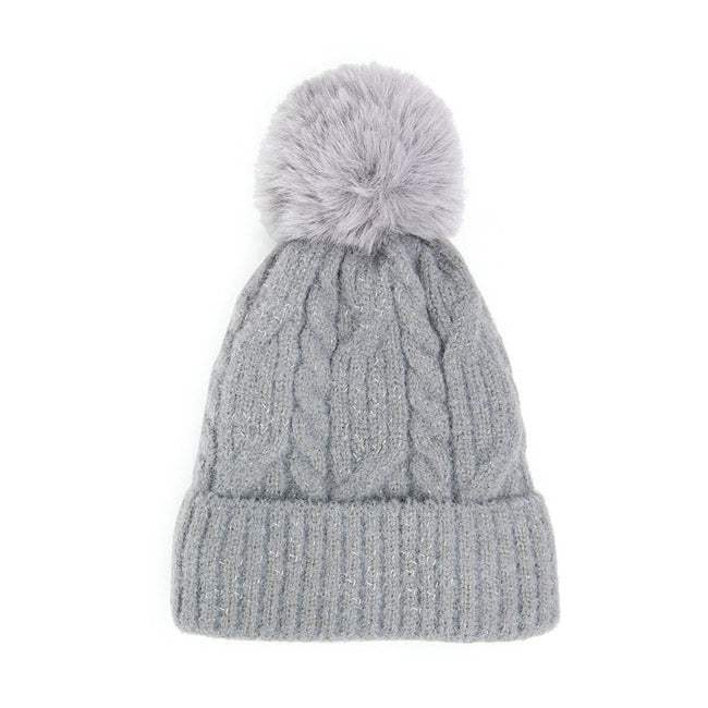 Lurex Accented Solid Cable Knitted Pom Pom Beanie Hat - Madeline Love - Flyclothing LLC