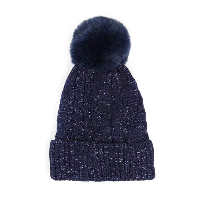 Lurex Accented Solid Cable Knitted Pom Pom Beanie Hat - Madeline Love - Flyclothing LLC