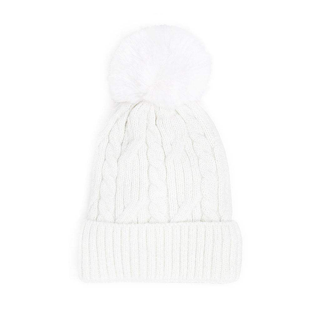 Lurex Accented Solid Cable Knitted Pom Pom Beanie Hat - Madeline Love - Flyclothing LLC