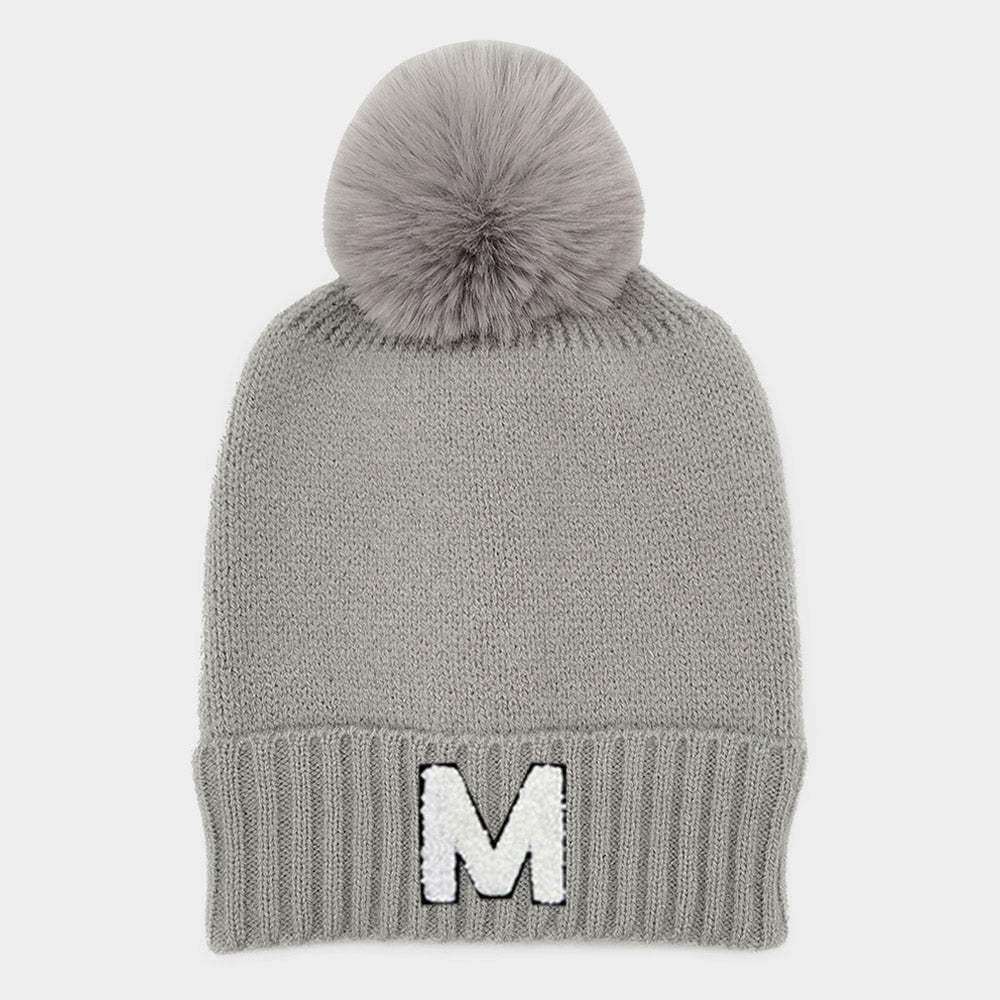 -M- Initial Monogram Faux Fur Pom Pom Knit Beanie Hat - Madeline Love - Flyclothing LLC