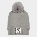 -M- Initial Monogram Faux Fur Pom Pom Knit Beanie Hat - Madeline Love - Flyclothing LLC