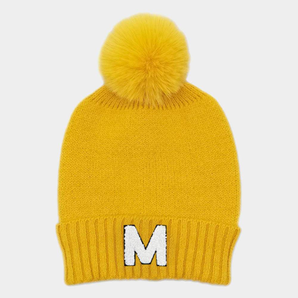 -M- Initial Monogram Faux Fur Pom Pom Knit Beanie Hat - Madeline Love - Flyclothing LLC