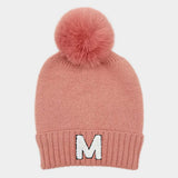 -M- Initial Monogram Faux Fur Pom Pom Knit Beanie Hat - Madeline Love - Flyclothing LLC