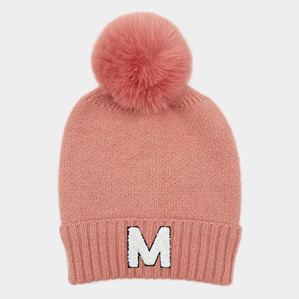 -M- Initial Monogram Faux Fur Pom Pom Knit Beanie Hat - Madeline Love - Flyclothing LLC