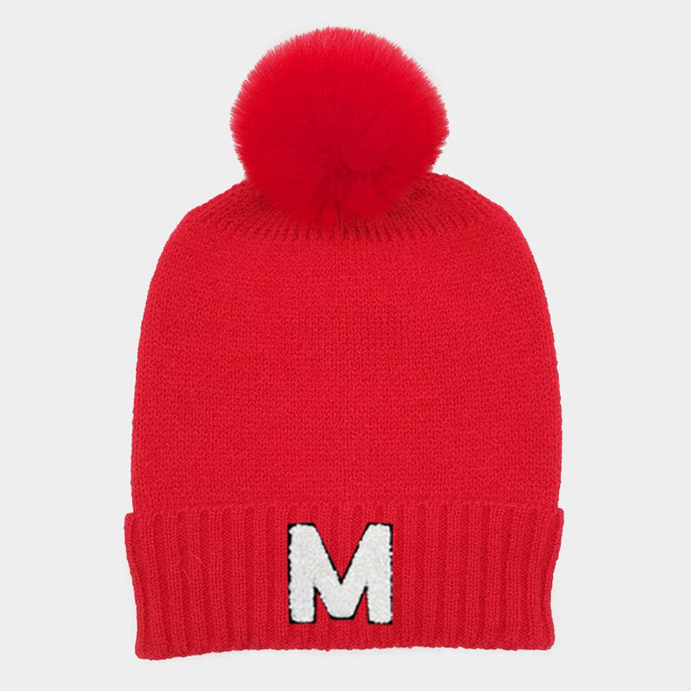 -M- Initial Monogram Faux Fur Pom Pom Knit Beanie Hat - Madeline Love - Flyclothing LLC