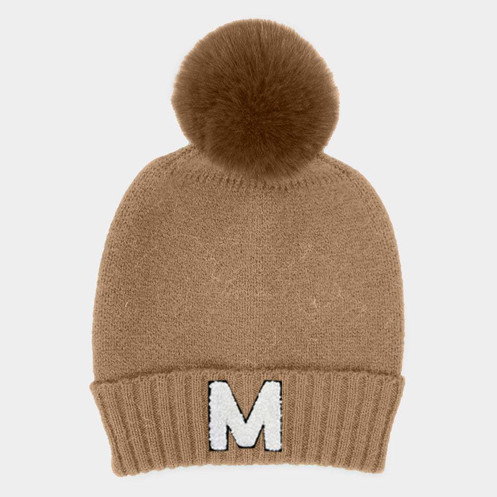 -M- Initial Monogram Faux Fur Pom Pom Knit Beanie Hat - Madeline Love - Flyclothing LLC