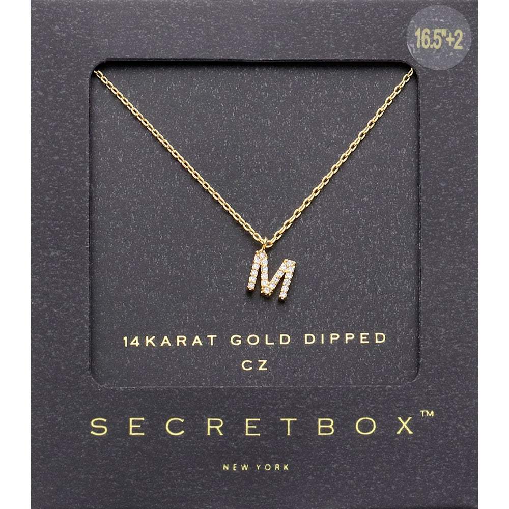 -M- Secret Box 14K Gold Dipped Cubic Zirconia Initial Monogram Pendant Necklace - Madeline Love - Flyclothing LLC