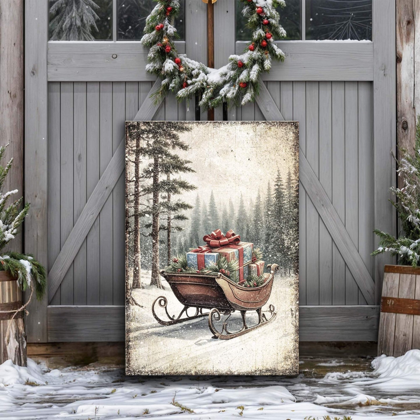 Vintage Christmas Sleigh Sled Wall Art III - Tailored Canvases - Flyclothing LLC